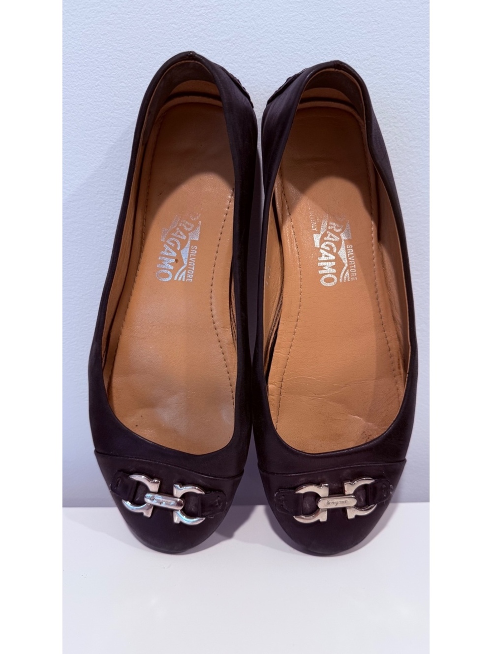 Salvatore Ferragamo Black Leather Flats with Silver Buckle